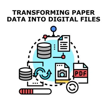 Transforming paper data into digital files process Stock Illustration