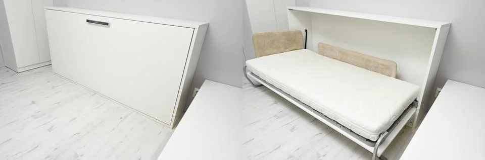 Transforming system with single bed. Demonstration of unfolding. Stock Photos