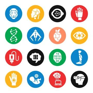 Transhumanism, artificial intelligence, robotics technologies vector icon set Stock Illustration