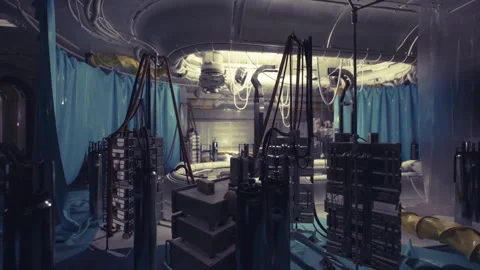 Transient server bank behind curtains tangled with cables and low light 動画素材 333555289