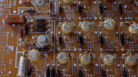 Transistors, Radio Parts on Electronic Board with Precious Metal, Gold. Zoom Stock Footage