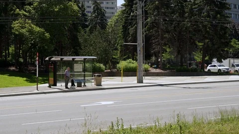 Transit Bus arriving at a bus stop. Stock Footage 76772058