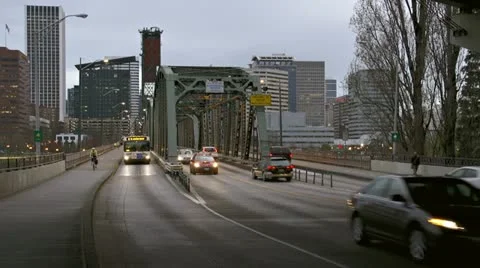 Transit Bus Pedestrians &amp; Cyclists Crossing Portland Hawthorne Bridge in Eve Stock Footage 22246733