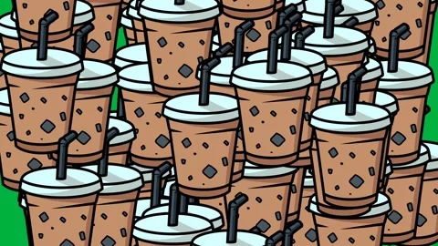 Transition animation of cold coffee cups clumping together and scattering across Stock Footage 330442660