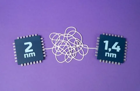 Transition of the computer microchip process technology from 2 to 1,4 nm. Sem Stock Photos