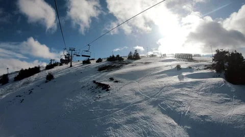 Transition from dark hand, first-person view of a ski lift. Chairlift POV Stock Footage 263330065