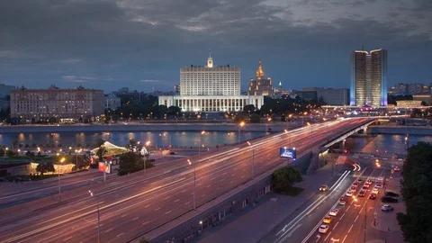 Transition from day to night with a view of the White house in Moscow Stock Footage 110555121