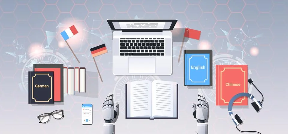 Translate bot at workplace modern robot translating text document translation Illustrazione stock