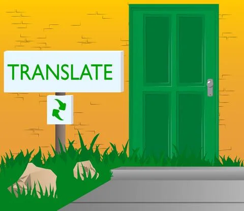 Translate text with front door background. Building entrance, office, establi Ilustración de archivo