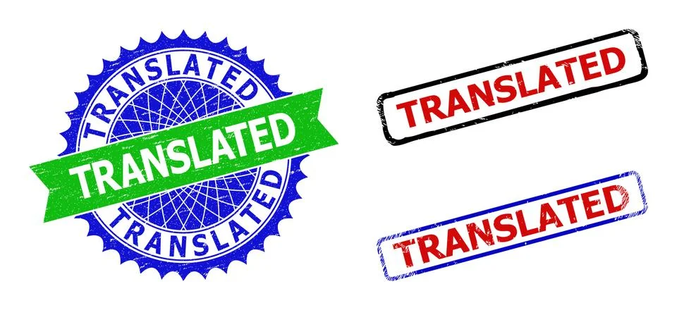 TRANSLATED Rosette and Rectangle Bicolor Stamp Seals with Unclean Textures Stock Illustration