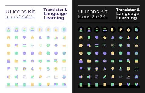 Translator and language learning flat color ui icons set for dark, light mode Illustrazione stock