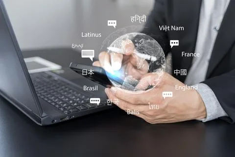 Translator app, language course and e-learning concept. Person use smartpho.. Foto stock