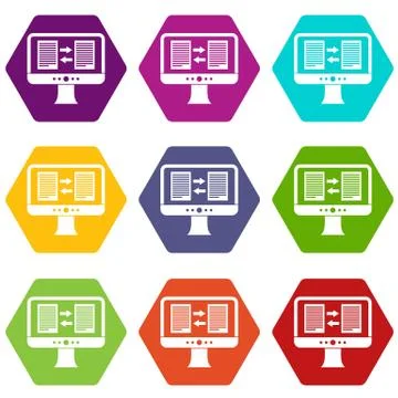 Translator app on the screen of computer icon set color hexahedron Stock Illustration