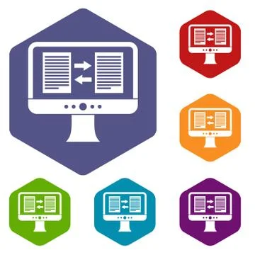 Translator app on the screen of computer icons set Stock Illustration