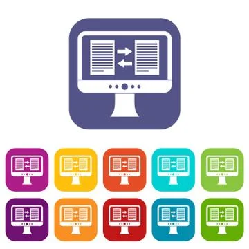 Translator app on the screen of computer icons set Stock Illustration