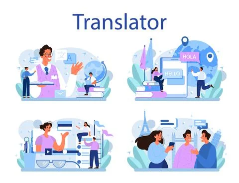 Translator concept set. Linguist translating document, books Stock Illustration