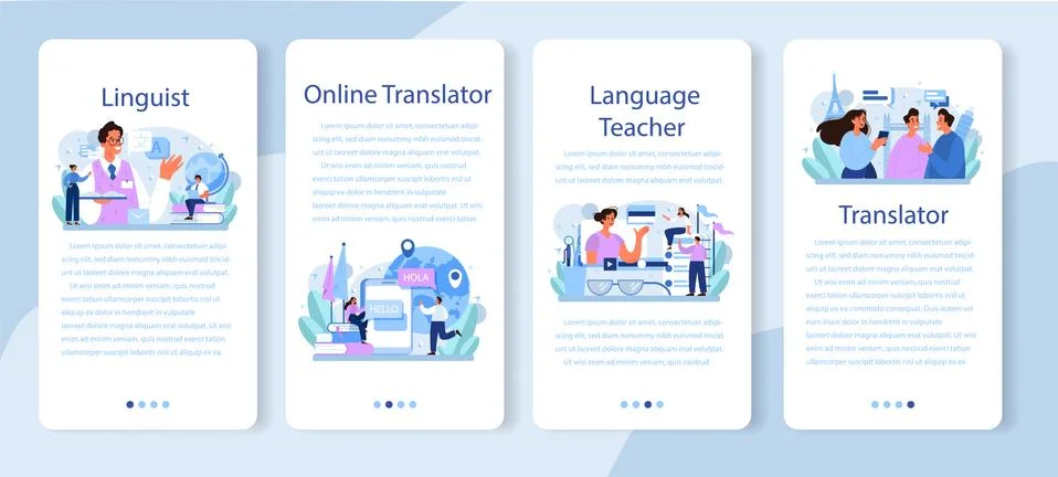 Translator mobile application banner set. Linguist translating document 스톡 일러스트