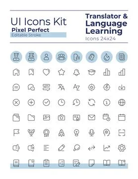 Translator pixel perfect linear ui icons set Stock Illustration