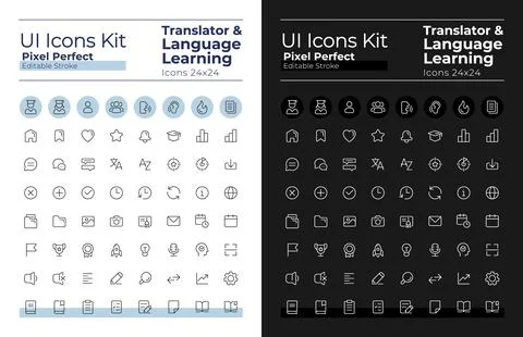 Translator pixel perfect linear ui icons set for dark, light mode Stock Illustration