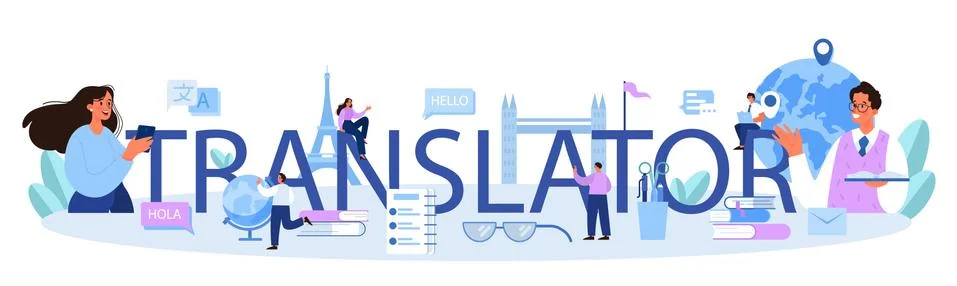 Translator typographic header. Linguist translating document, books and speach イラスト素材