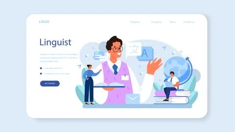 Translator web banner or landing page. Linguist translating document Stock Illustration