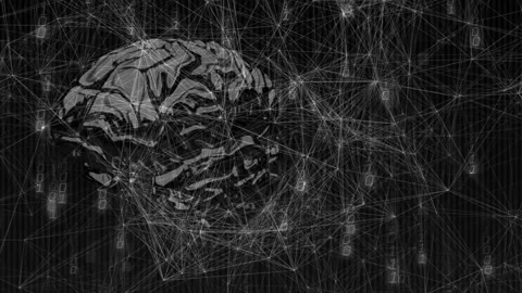 Translucent 3D brain floating while glowing network nodes cascading binary Stock Footage 309103216