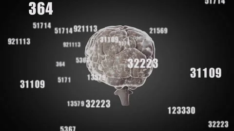 Translucent 3D brain glowing with neural network overlay, floating numeric codes Stock Footage 309342719