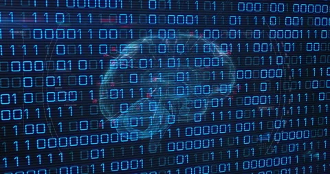 Translucent 3D brain hologram hovering in dark binary grid, showing data Stock Footage 309342356