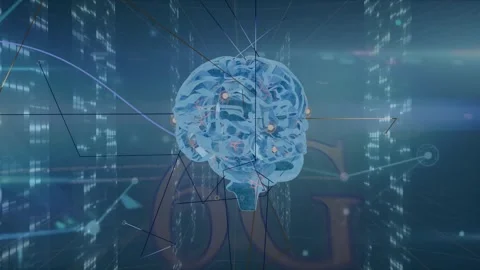 Translucent 3D brain hovering, nodes lighting and sending pulses along links, Stock Footage 340654617