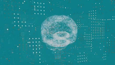 Translucent 3D brain model being rendered floating in teal data field, with Stock Footage 328300484