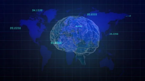 Translucent 3D brain model floating over dark blue grid with glowing neural Stock Footage 310218661