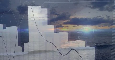 Translucent 3D chart columns emerging in calm ocean at dusk, with line graph and Stockfoto's