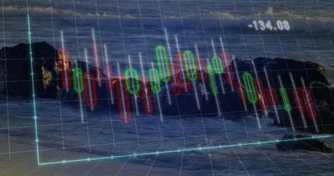 Translucent 3D chart pulsing, value label dropping then rising, waves sparking Stock Footage 330380042