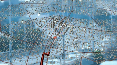 Translucent 3D city model activating, camera pulling back while red dot moving Stock Footage 339448668