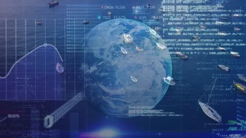 Translucent 3D globe fading in over water, rotating, syncing boat icons, mapping Vídeos de archivo 330209552