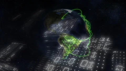 Translucent 3D globe fading while rotating, arcs launching over emerging grid, Stock Footage 317185816