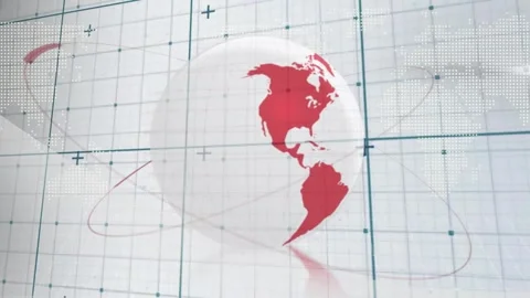 Translucent 3D globe rotating over grid interface, highlighting red Americas Stock Footage 327958395