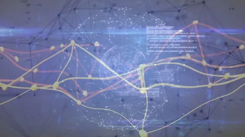 Translucent 3D globe spinning with yellow orange network lines, scattering code Stock Footage 307550944