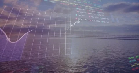 Translucent 3D grid appearing over shore animating purple line chart visualizing Stock Footage 330355993