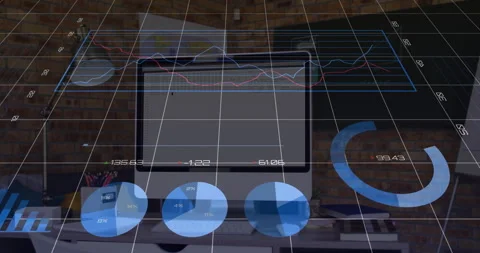 Translucent 3D grid fading in initiating bar, pie, line and ring charts 库存影片 311046642