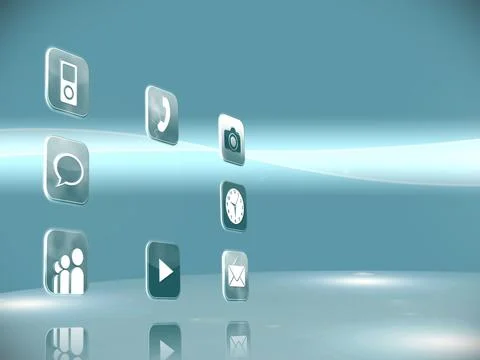 Translucent 3D icon panels are floating above reflective floor against blue Stock Illustration