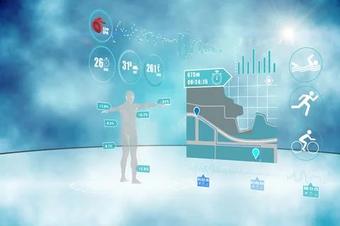 Translucent 3D silhouette is standing on platform among floating fitness icons, Stock Illustration