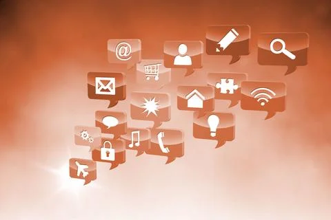 Translucent 3D speech bubbles are floating over warm orange gradient backdrop, イラスト素材