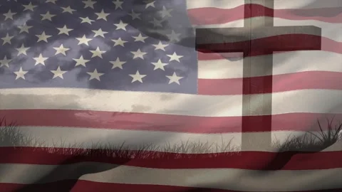 Translucent American flag draping frame over wooden cross rising from grass, Stock Footage 317206902