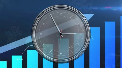 Translucent analog clock appearing on chart, rotating hands while markers moving Stock Footage 337904959