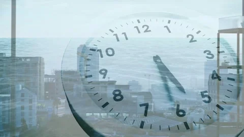 Translucent analog clock overlaying coastline hands rotating clockwise frames Stock Footage 333904777