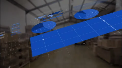 Translucent analytics overlay floating over warehouse, displaying blue grid Stock Footage 309143860
