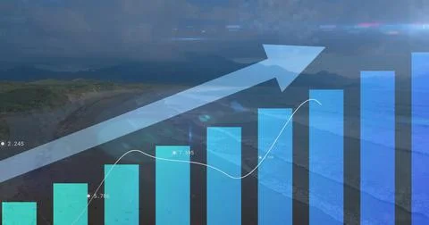 Translucent bar chart and line graph overlaying coastal shoreline, indicating Stock Photos