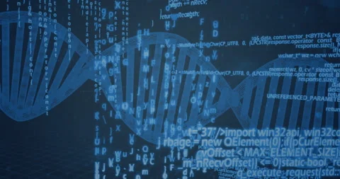 Translucent blue 3D DNA helix stretching, cascading glowing code streams across Stock Footage 308047123