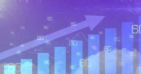 Translucent blue bar chart rising across purple gradient backdrop, with 6G Stock Photos